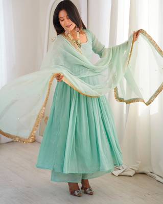 Blue faux georgette lace flared gown set 1