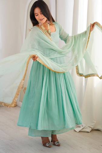 Blue faux georgette lace flared gown set