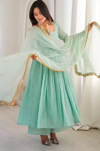 Blue faux georgette lace flared gown set
