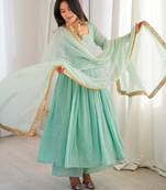 Blue faux georgette lace flared gown set