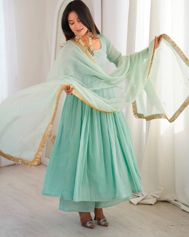 Blue faux georgette lace flared gown set