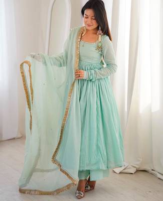 Blue faux georgette lace flared gown set 2