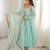 Blue faux georgette lace flared gown set