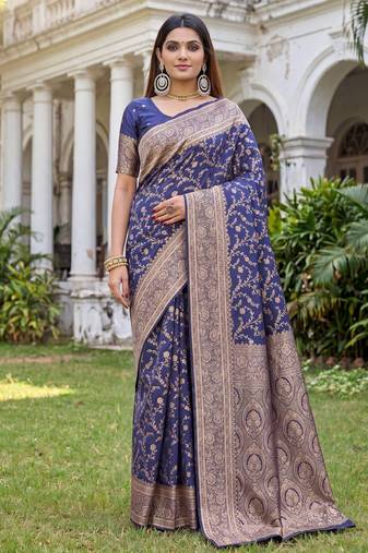 BLUE ART SILK BANARASI JACUARD WORK SAREE WITH UNSTITCHED BLOUSE PIECE