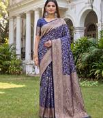 BLUE ART SILK BANARASI JACUARD WORK SAREE WITH UNSTITCHED BLOUSE PIECE