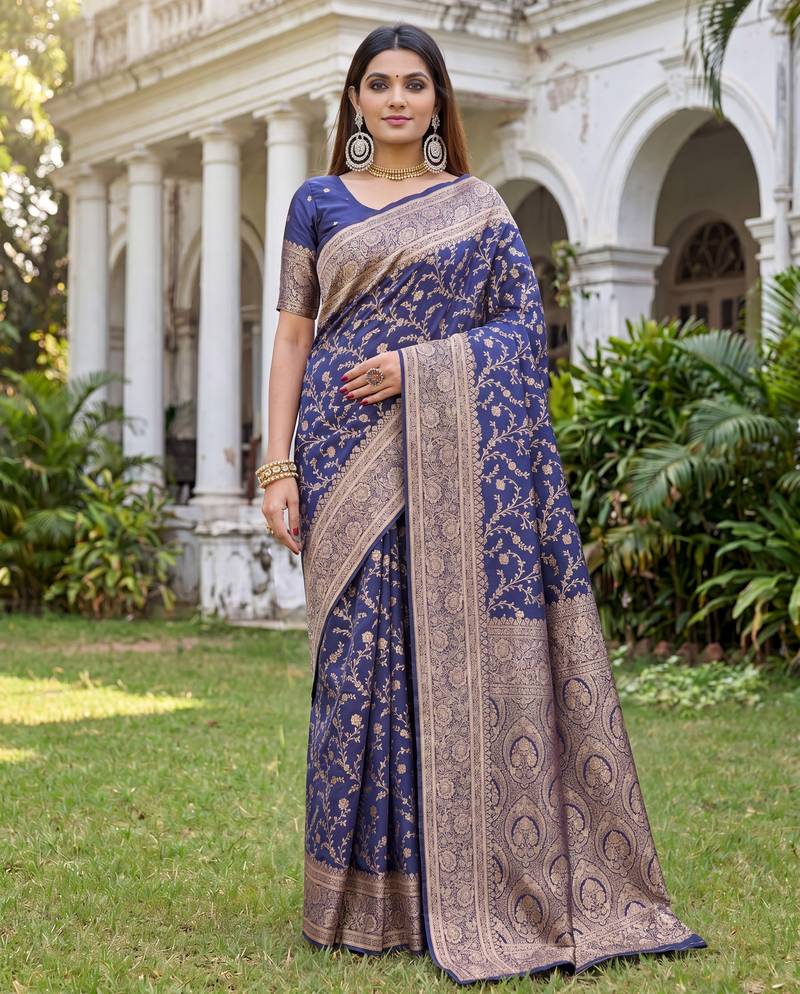 BLUE ART SILK BANARASI JACUARD WORK SAREE WITH UNSTITCHED BLOUSE PIECE