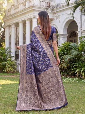 BLUE ART SILK BANARASI JACUARD WORK SAREE WITH UNSTITCHED BLOUSE PIECE 2