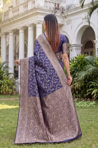 BLUE ART SILK BANARASI JACUARD WORK SAREE WITH UNSTITCHED BLOUSE PIECE