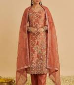 Rust shimmer silk heavy thread embroidery with sequins work readymade salwar kameez