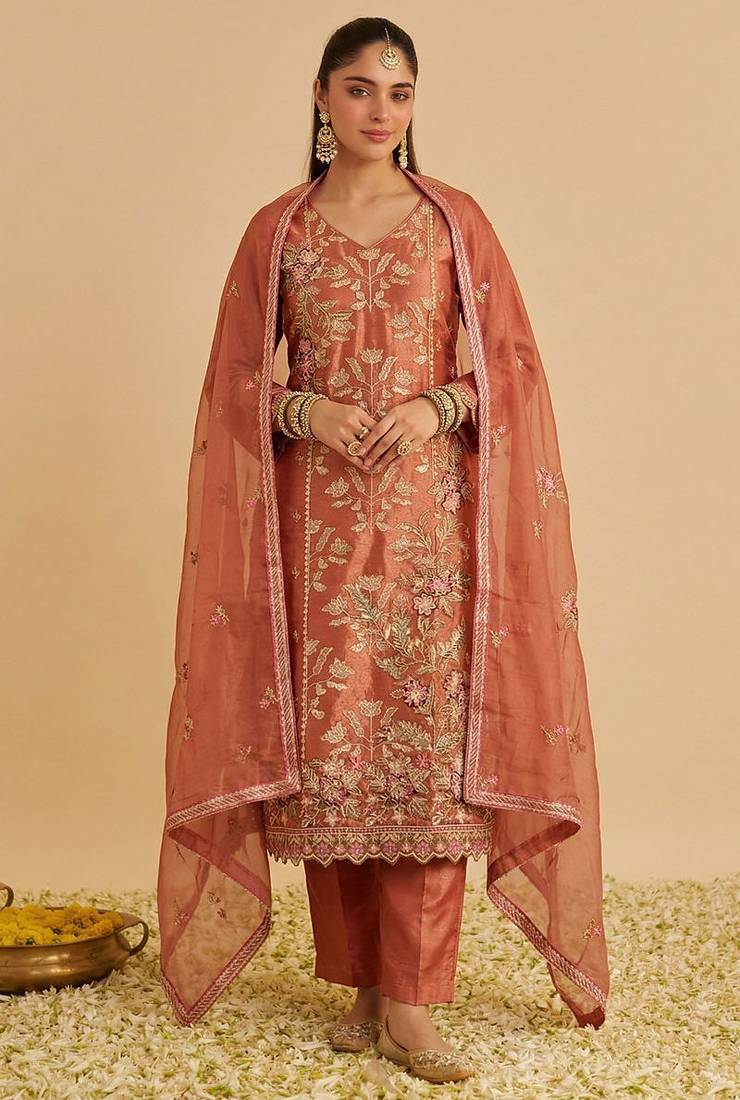 Rust shimmer silk heavy thread embroidery with sequins work readymade salwar kameez