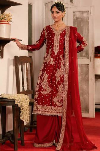 Red silk blend thread palazzo set