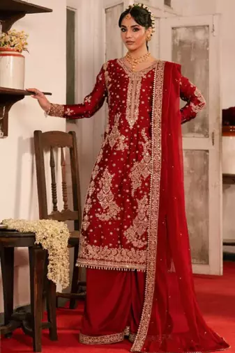 Red silk blend thread palazzo set