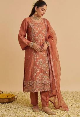 Rust shimmer silk heavy thread embroidery with sequins work readymade salwar kameez 2