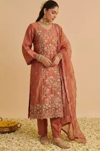 Rust shimmer silk heavy thread embroidery with sequins work readymade salwar kameez