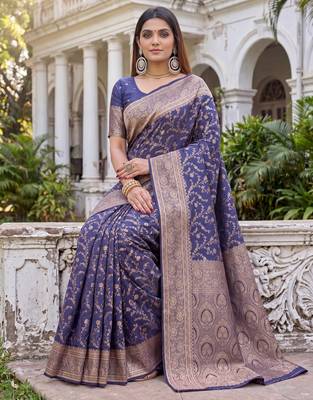 BLUE ART SILK BANARASI JACUARD WORK SAREE WITH UNSTITCHED BLOUSE PIECE 3