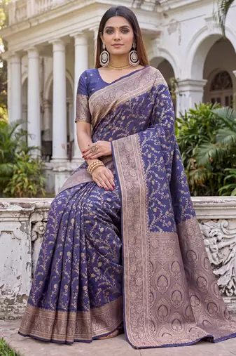 BLUE ART SILK BANARASI JACUARD WORK SAREE WITH UNSTITCHED BLOUSE PIECE