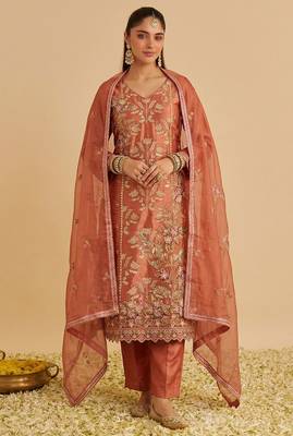 Rust shimmer silk heavy thread embroidery with sequins work readymade salwar kameez 3