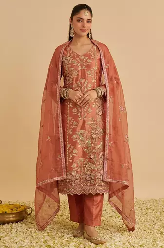 Rust shimmer silk heavy thread embroidery with sequins work readymade salwar kameez