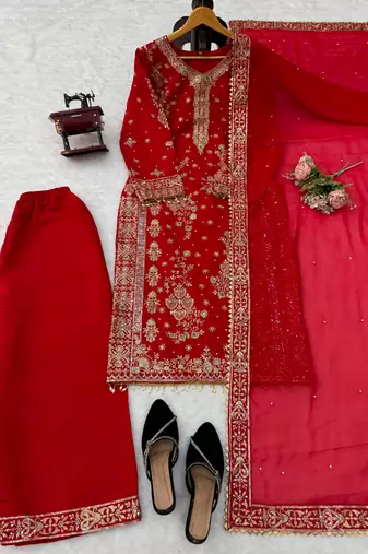 Red silk blend thread palazzo set