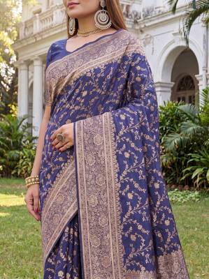 BLUE ART SILK BANARASI JACUARD WORK SAREE WITH UNSTITCHED BLOUSE PIECE 4