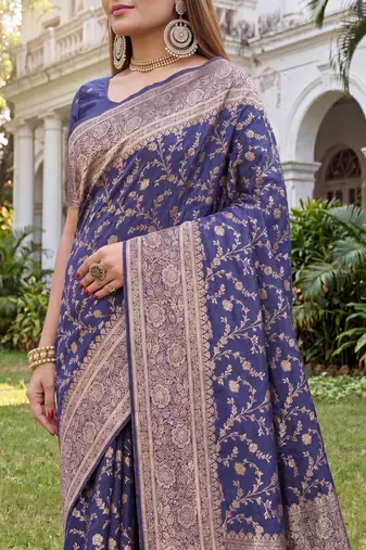 BLUE ART SILK BANARASI JACUARD WORK SAREE WITH UNSTITCHED BLOUSE PIECE