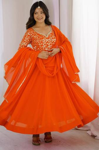 Orange georgette embroidered flared gown set