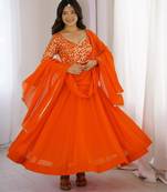 Orange georgette embroidered flared gown set