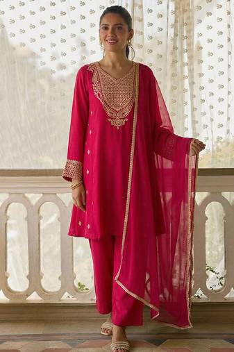 Rani pink soft silk blend heavy thread embroidery with sequins work readymade salwar kameez