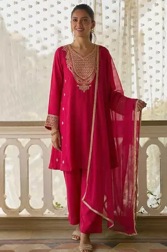 Rani pink soft silk blend heavy thread embroidery with sequins work readymade salwar kameez
