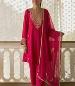 Rani pink soft silk blend heavy thread embroidery with sequins work readymade salwar kameez