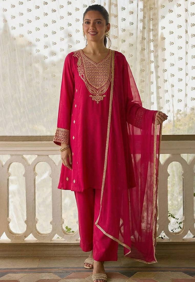 Rani pink soft silk blend heavy thread embroidery with sequins work readymade salwar kameez