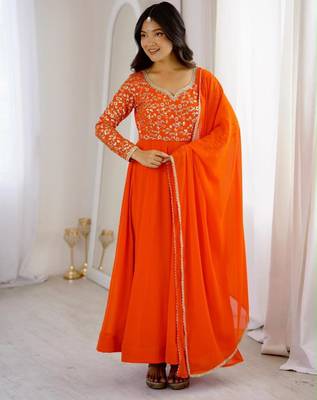 Orange georgette embroidered flared gown set 2