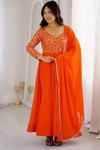 Orange georgette embroidered flared gown set
