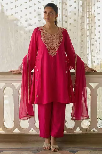 Rani pink soft silk blend heavy thread embroidery with sequins work readymade salwar kameez