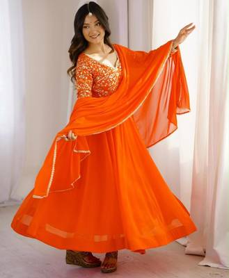 Orange georgette embroidered flared gown set 3