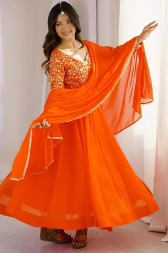 Orange georgette embroidered flared gown set