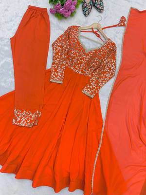 Orange georgette embroidered flared gown set 4