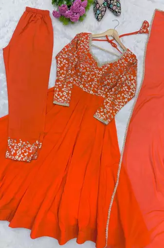 Orange georgette embroidered flared gown set