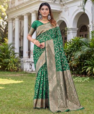 GREEN ART SILK BANARASI JACUARD WORK SAREE WITH UNSTITCHED BLOUSE PIECE 1