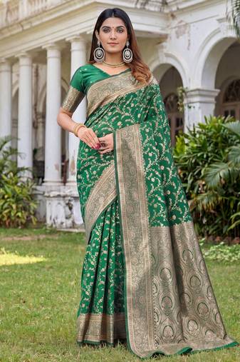 GREEN ART SILK BANARASI JACUARD WORK SAREE WITH UNSTITCHED BLOUSE PIECE