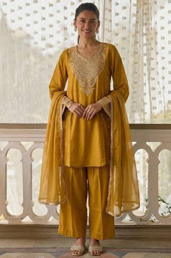 Mustard soft silk blend  heavy thread embroidery with sequins work readymade salwar kameez