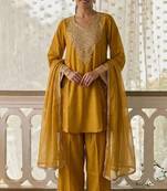 Mustard soft silk blend  heavy thread embroidery with sequins work readymade salwar kameez