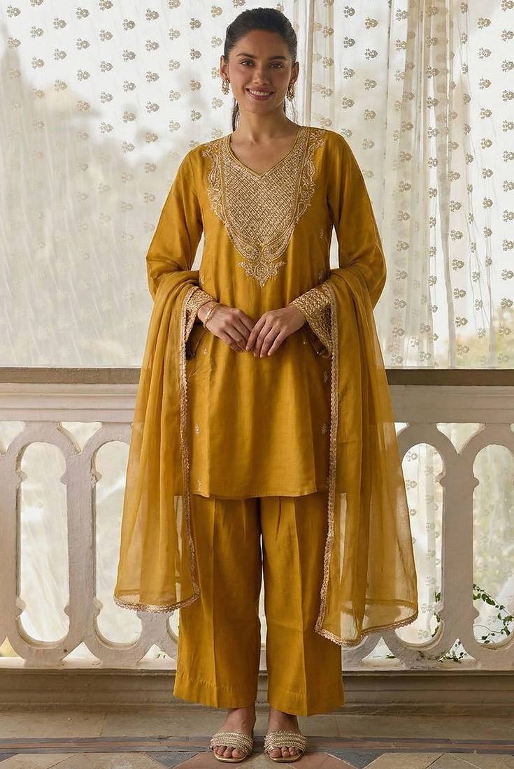 Mustard soft silk blend  heavy thread embroidery with sequins work readymade salwar kameez