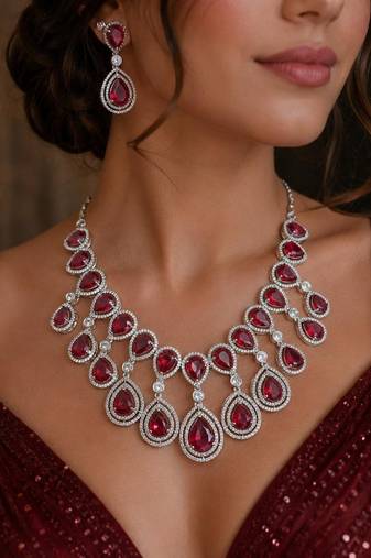ruby red teardrop necklace & earrings set  silver cz bridal jewellery