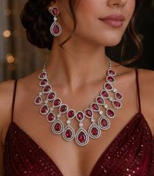 ruby red teardrop necklace & earrings set  silver cz bridal jewellery