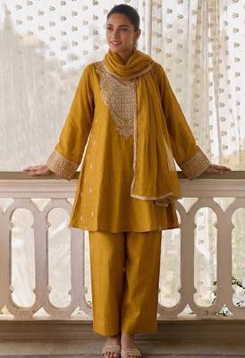Mustard soft silk blend  heavy thread embroidery with sequins work readymade salwar kameez 2