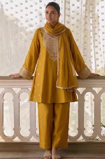 Mustard soft silk blend  heavy thread embroidery with sequins work readymade salwar kameez