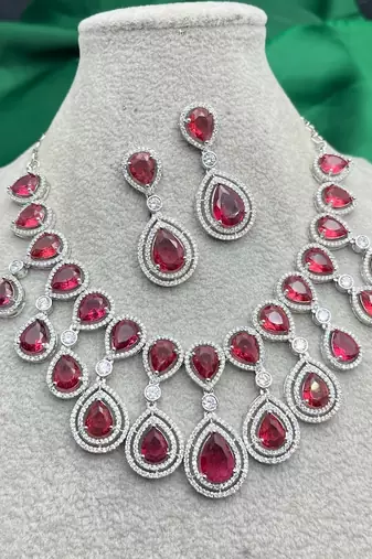ruby red teardrop necklace & earrings set â€“ silver cz bridal jewellery