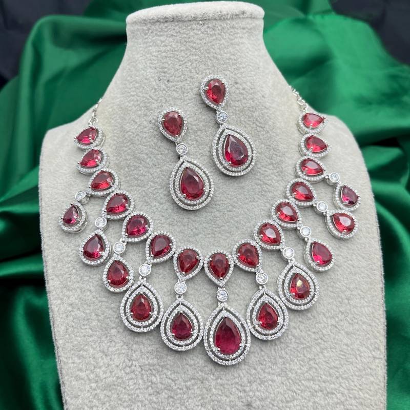 ruby red teardrop necklace & earrings set â€“ silver cz bridal jewellery