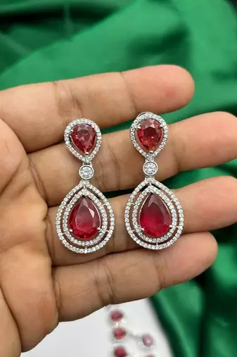ruby red teardrop necklace & earrings set â€“ silver cz bridal jewellery